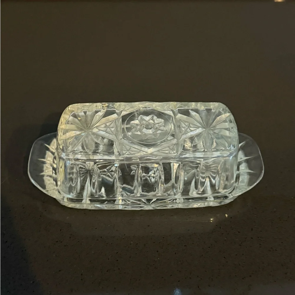 Vtg Anchor‎ Hocking Butter Dish Pressed Cut Glass Covered Star Of David Pattern